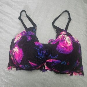 Victorias Secret PINK Front Close Push Up Bra 32DD Black Purple Pink Floral Lace